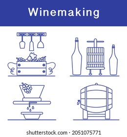 Vector illustration Winemaking Process. Crates full of grapes Wineglasses Press for wringing Bottles Wine storage Harvest Festival. Liquor store Bar Alcohol drinks market Tasting Degustation Vineyard