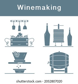 Vector illustration Winemaking Process. Crates full of grapes Wineglasses Press for wringing Bottles Wine storage Harvest Festival. Liquor store Bar Alcohol drinks market Tasting Degustation Vineyard