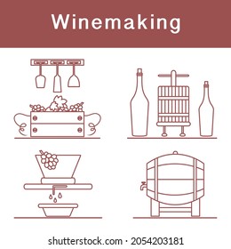 Vector illustration Winemaking Process. Crates full of grapes Wineglasses Press for wringing Bottles Wine storage Harvest Festival. Liquor store Bar Alcohol drinks market Tasting Degustation Vineyard