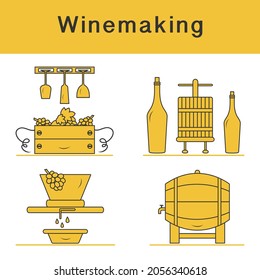 Vector illustration Winemaking Process. Crates full of grapes Wineglasses Press for wringing Bottles Wine storage Harvest Festival. Liquor store Bar Alcohol drinks market Tasting Degustation Vineyard