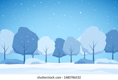 Vector illustration: Winer Landscape Background with snowy trees and snowflakes. 