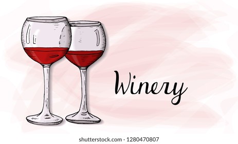 Vector Illustration of Winery Template with Wine Glasses Sketch Style