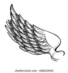 Vector illustration of wing, isolated on white background. Design element for tattoo, emblem, sign, vintage style posters and more.