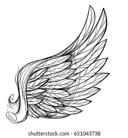 Vector illustration of wing, isolated on white background. Design element for tattoo, emblem, sign, vintage style posters and more.