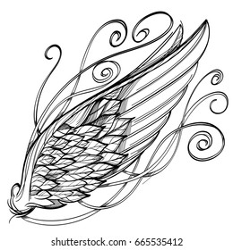 Vector illustration of wing, isolated on white background. Design element for tattoo, emblem, sign, vintage style posters and more.