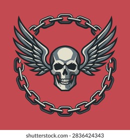 vector illustration of wing skull with chain on red background design element for tattoo graphic art