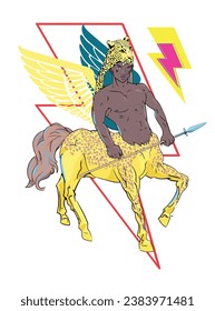 vector illustration of a winged black centaur with thunder and rainbow symbol. Design for t-shirts about gay pride	
