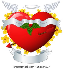 Vector illustration of Winged heart banner with arrow and flower