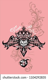 Vector illustration of winged heart, crown and apple. Hand drawn retro tattoo flying heart. Typography graphic print, fashion drawing for t-shirts. Vector stickers,print, patches vintage