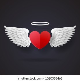 Vector Illustration. the winged heart on black background. Paper art carving