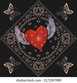 vector illustration of a winged heart on a hindu design.