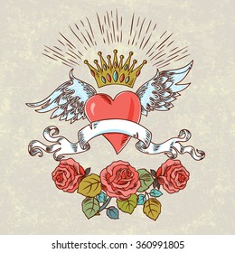 Vector illustration of winged heart, roses and crown. Hand drawn retro tattoo flying heart. Can be used for cards, invitations, fabrics, wallpapers, ornamental template for design and decoration, etc