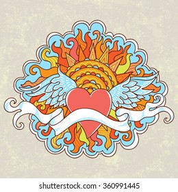 Vector illustration of winged heart and sun. Hand drawn vector retro heart with wings. Can be used for cards, invitations, fabrics, wallpapers, ornamental template for design and decoration, etc