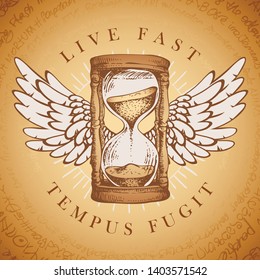 Vector illustration with winged hourglass with running sand inside in retro style. Hand drawn sand clock with wings and words Live fast, Tempus fugit. Glass timer. Time and caducity of life concept