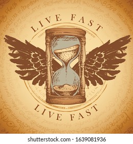 Vector illustration with winged hourglass with running sand. Hand drawn sand clock with wings and words Live fast, Tempus fugit. Glass timer. Time and caducity of life concept