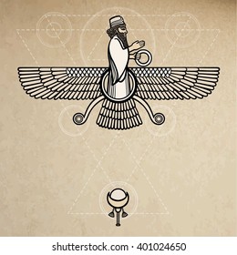  Vector illustration: winged person prophet. Background - imitation of old paper.