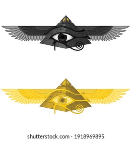 Vector illustration of winged pyramid with eye of horus, ancient egyptian pyramid with wings, winged pyramid, eye of horus, ankh cross, all on white background