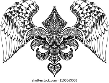 Vector illustration of winged royal lily and heart. Hand drawn retro tattoo flying royal lily. Ornate graphic print, fashion drawing for t-shirts. Vector stickers,print, patches vintage