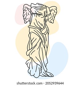 Vector illustration of Winged Victory of Samothrace. Line drawing with color spots background.