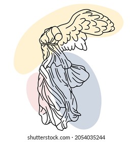 Vector illustration of Winged Victory of Samothrace. Line drawing with color spots background.