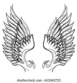 Vector illustration of wings, isolated on white background. Design element for emblem, sign, vintage style posters and more.