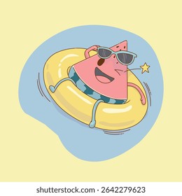 A vector illustration of a wink watermelon with sunglasses floating on a floatie. Suitable for summer or hollyday or beach or pool theme design, event or product promotion, etc