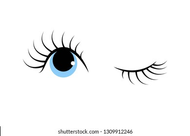 Vector illustration of winking cartoon doll eyes with long eyelashes. Flat isolated illustration on white background. Black, blue colors. Element for design.
