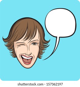 Vector illustration of winking young woman with speech bubble. Easy-edit layered vector EPS10 file scalable to any size without quality loss. High resolution raster JPG file is included. 
