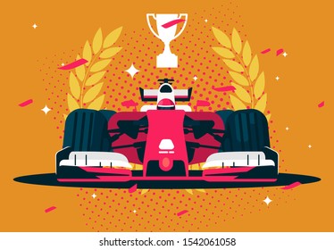 Vector illustration of the winner of the car racing sports car with a wreath and a trophy, confetti for the winner, the champion of racing