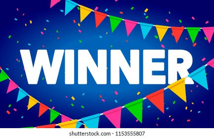 Vector Illustration Winner Congratulations confetti triumph banner. Victory success letters with background design.