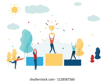 vector illustration. The winner stands on the podium at the first and holds a reward. prize for the best win.
