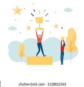 vector illustration. The winner stands on the podium at the first and holds a reward. prize for the best win.