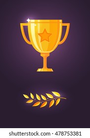 Vector illustration of a winner's cup and a golden laurel branch on dark violet background. Golden trophy award. Prize symbols