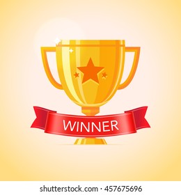 Vector illustration of a winner's cup with red ribbon. Golden trophy award. 1st prize symbol for sport and game apps