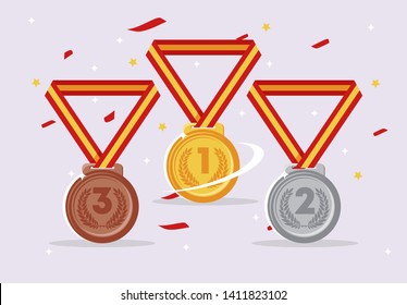 Vector illustration of the winners ' medals for the first second and third place, gold, silver and bronze medals with red ribbon