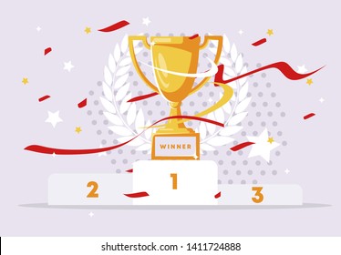 Ilustración vectorial del pedestal de los ganadores, Copa Campeón con confeti y cintas, corona del ganador en el fondo.