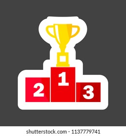 Vector  illustration of a winner's podium with a cup standing in the first place. The winner's cup and the winner's podium with the first and third places colored sticker. Layers grouped for easy edit