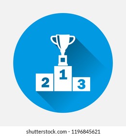 Vector illustration of a winner's podium with a cup standing in the first place on blue background. Flat image The winner's cup and the winner's podium with the first and third places with long shadow