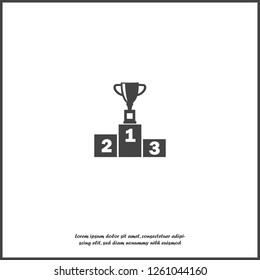 Vector  illustration of a winner's podium with a cup standing in the first place. The winner's cup and the winner's podium with the first and third places icon on white isolated background. 