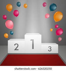 Vector Illustration of a Winners Podium with Spotlight and Balloons.