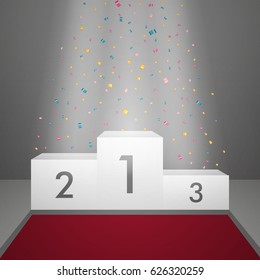 Vector Illustration of a Winners Podium with Spotlight and Confetti. 