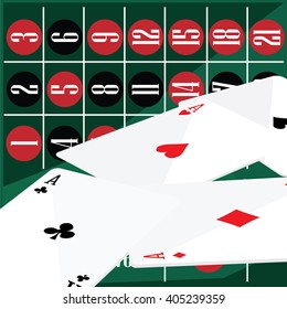 Vector illustration winning poker hand of four aces playing cards suits. Casino background