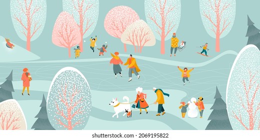 Vector illustration of winter activities with cute characters on the background of a winter landscape. Children and adults enjoy a winter day outdoors