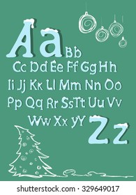 Vector illustration with a winter alphabet. Snow alphabet. New year greeting card. For your design