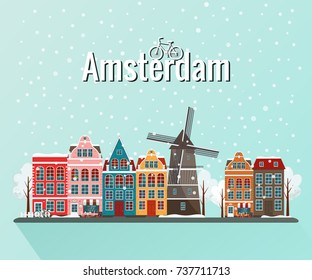 Vector illustration of winter Amsterdam. Old european city.