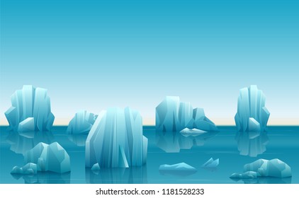 Vector illustration of winter arctic landscape with lot of icebergs and snow mountains.