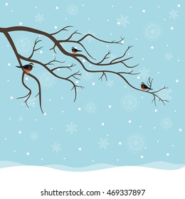 Vector Illustration of a Winter Background with Birds Sitting on a Branch