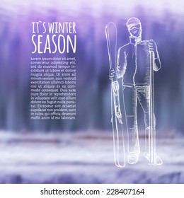 vector illustration. Winter background with a blurred photograph and sketch of the skier.