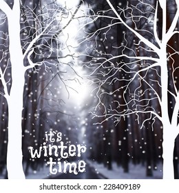 vector illustration. Winter background with blurry photos and silhouettes of trees