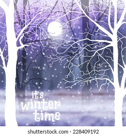 vector illustration. Winter background with blurry photos and silhouettes of trees